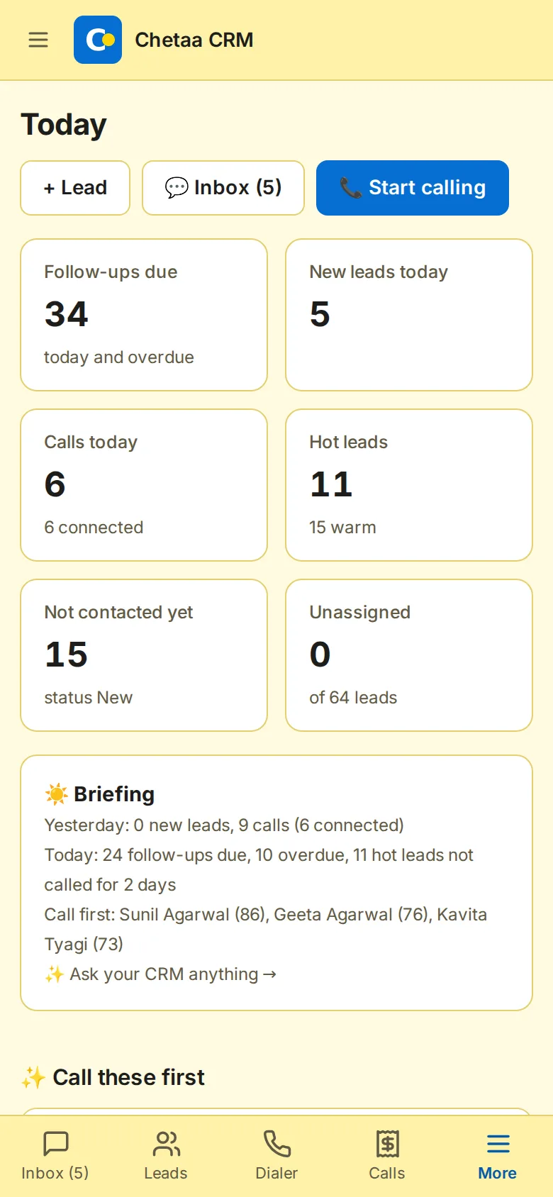 Chetaa CRM on a phone: today's numbers and the morning briefing